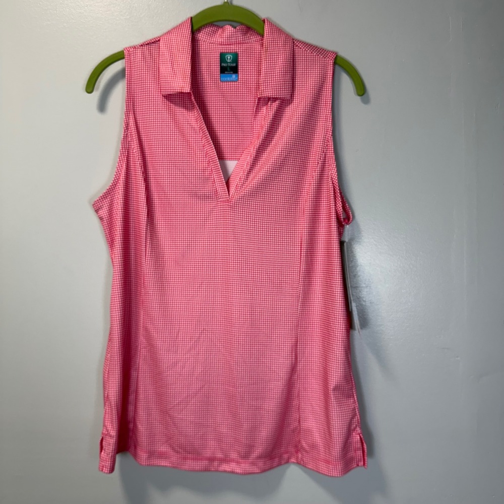Pro Tour Womens Pink Gingham Sleeveless Golf Polo Top UPF 50 Coolplay Large NWT